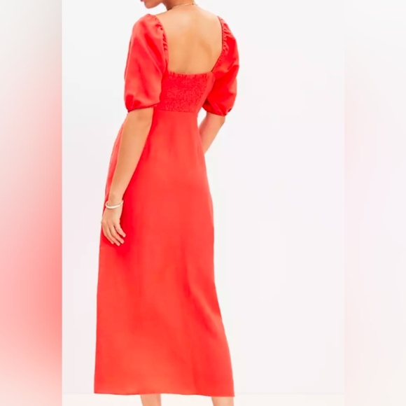 Loft Women’s Coral Puff Sleeve Square Neck Midi Dress Size 14 Milkmaid Linen - Picture 2 of 12